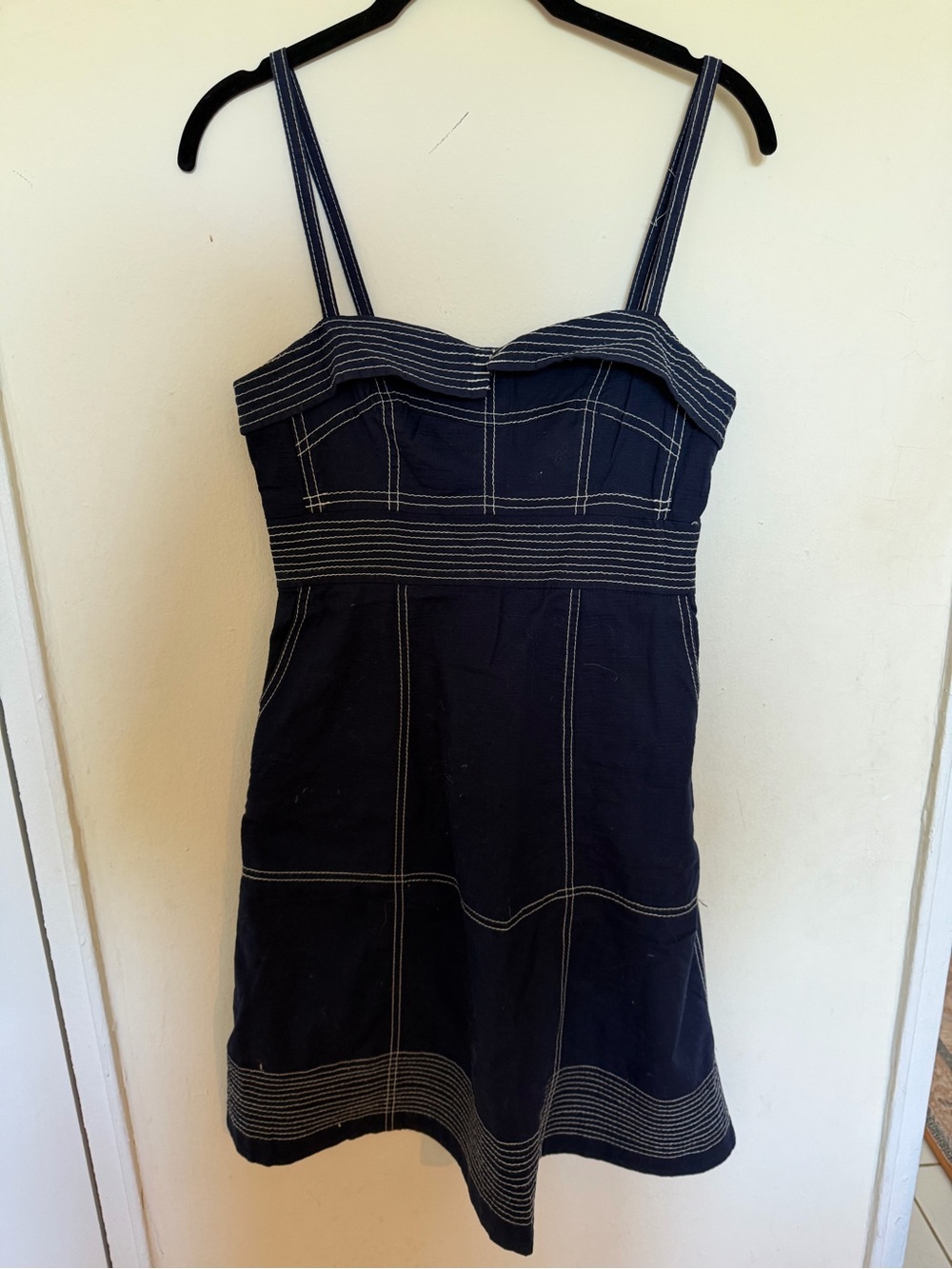 Maeve Navy Blue Spaghetti Strap Mini Dress with Contrast Stitching